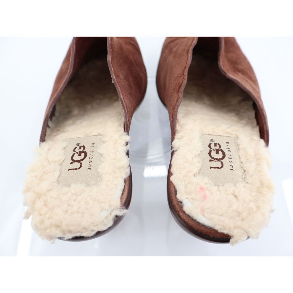 UGG Mules Women's Size 7 Brown Suede Shearling Lined Slip On Heels Clogs - Picture 6 of 12